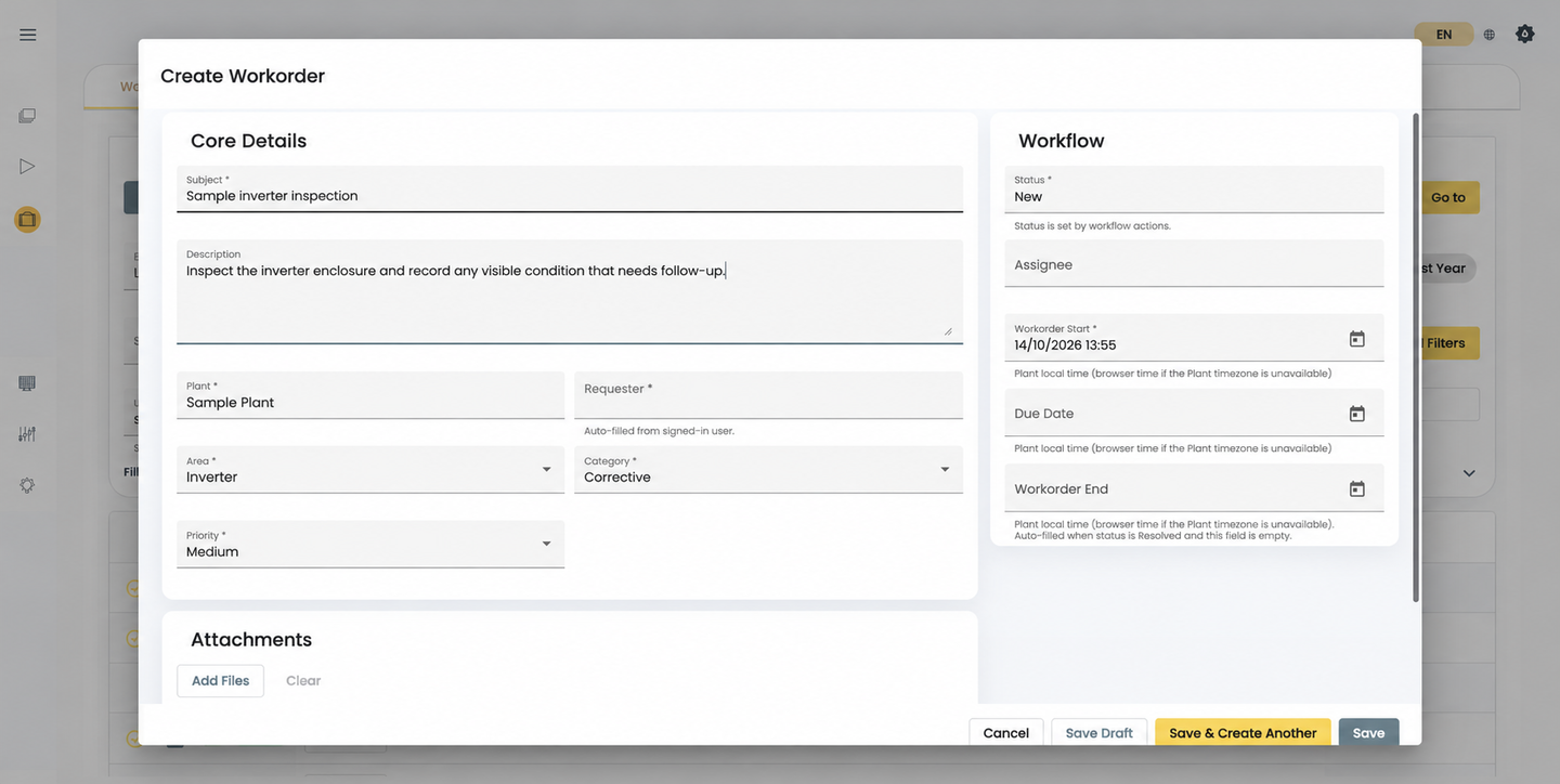 Create Workorder form with Core Details, Workflow dates, and Attachments, and the Cancel, Save Draft, Save & Create Another, and Save buttons