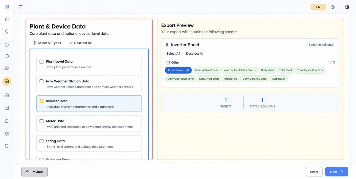 DataHub Dataset Builder with Inverter Data selected and the export preview listing the inverter columns to include