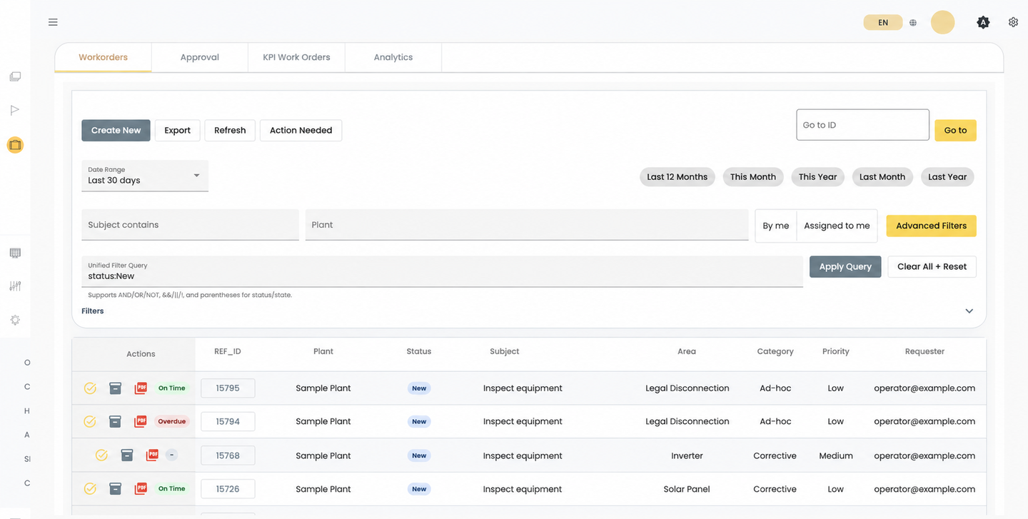 Work order list with the last 30 days range, the status New query, quick filters, and work order rows