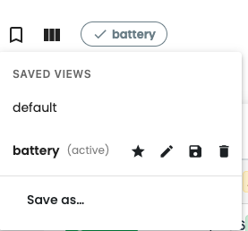 Saved Views menu open above the plants overview, listing a default view and an active view with pin, rename, overwrite, and delete actions, and a Save as option