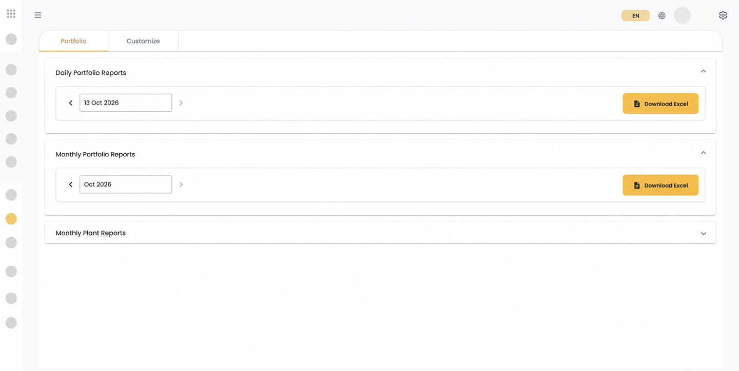 Reports Portfolio tab with daily and monthly portfolio report dates, Download Excel buttons, and the Monthly Plant Reports section