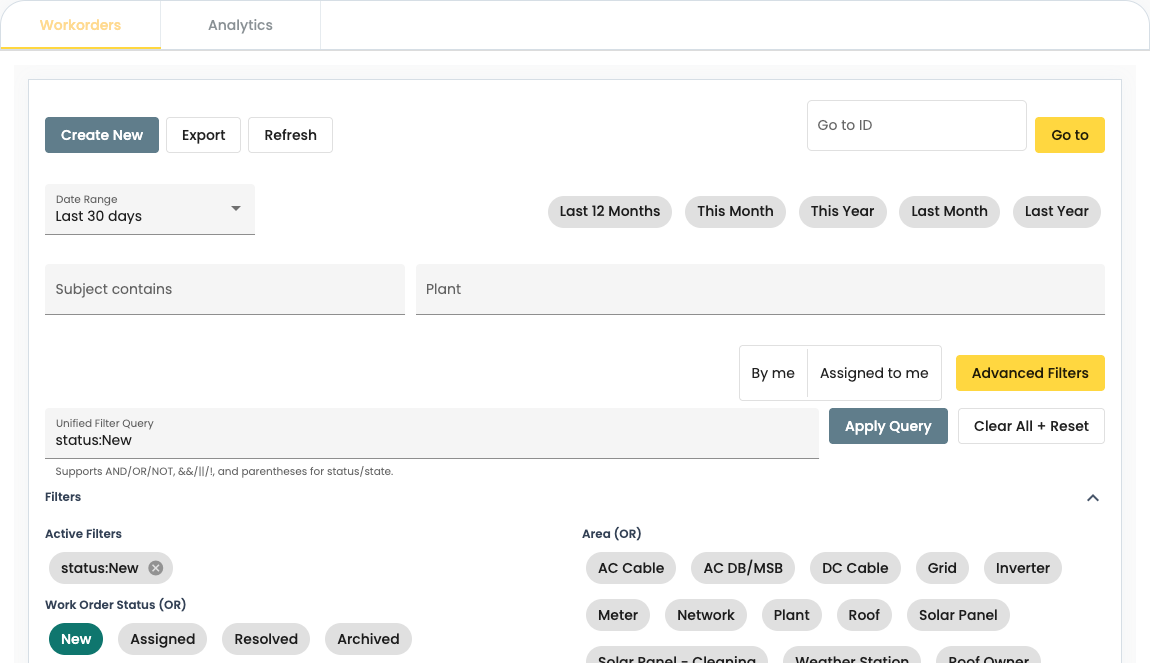 The Work Orders workspace showing date, plant, assignment, status, and area filters